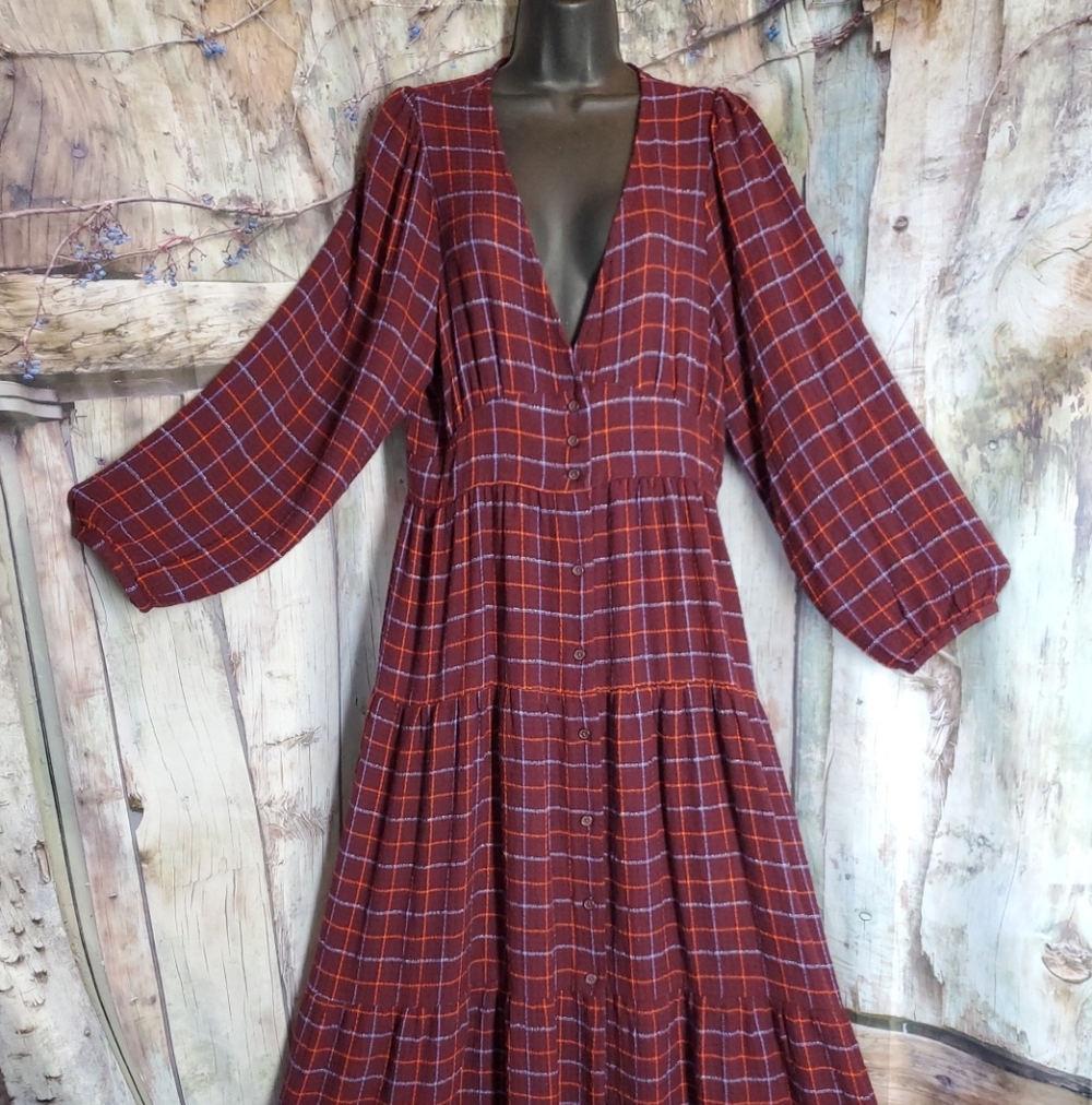 Marine Layer Burgundy Plaid Long Sleeve Dress XL Tiered